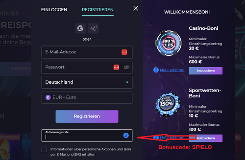 Bonus code upon registration